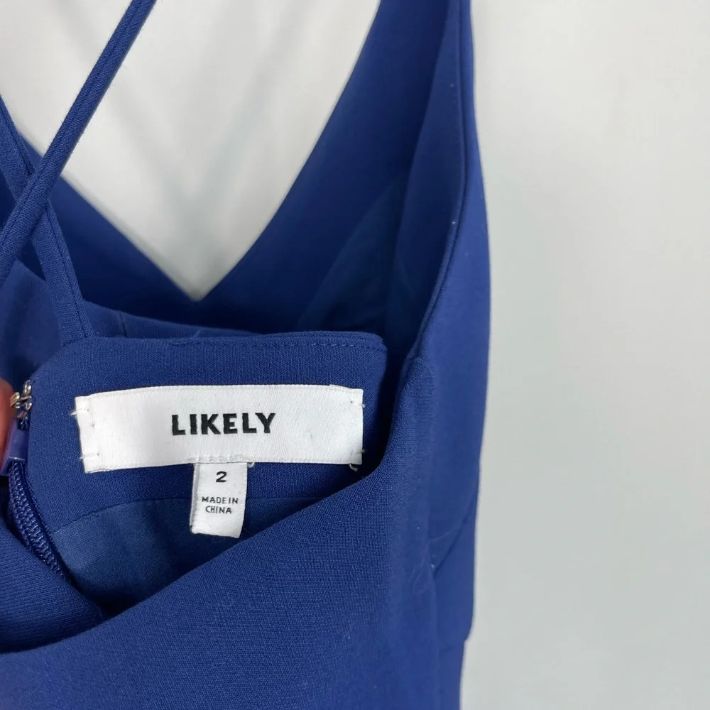 LIKELY Brooklyn Cocktail Dress Blue Midi Bodycon Strappy Sexy Front Slit Revolve - Picture 9 of 16